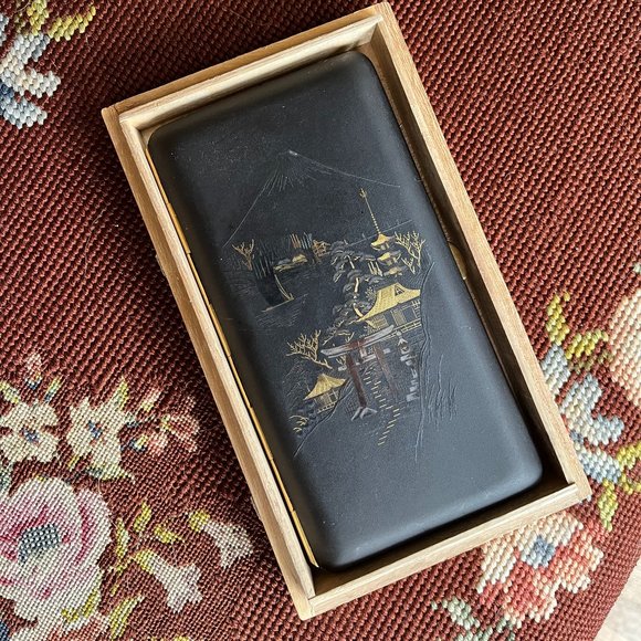 Vintage Japanese Amita Damascene cigarette box with silver and gold Mount Fuji